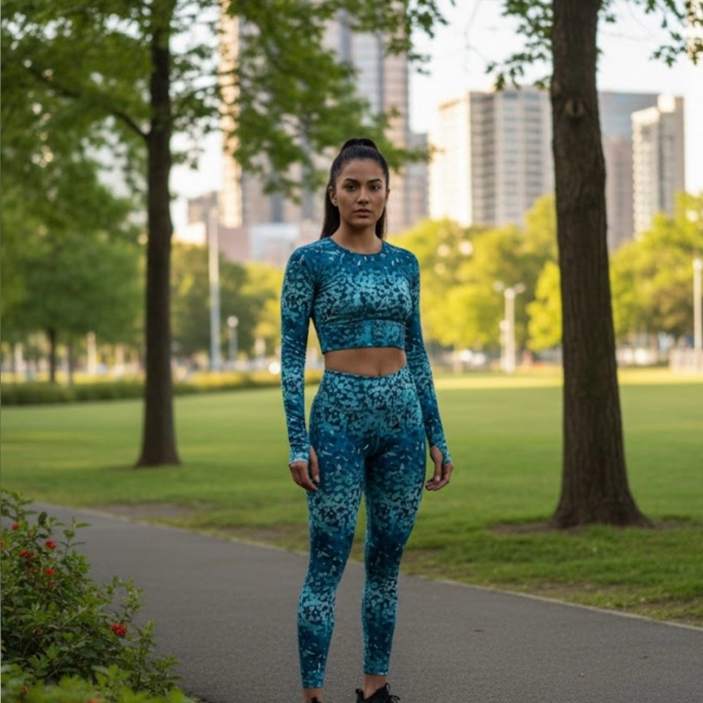 L.L. Bean Teal and Black Patterned Leggings